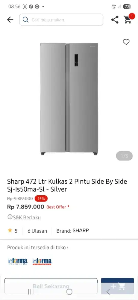 Sharp kulkas side by side sj is50 ma sl