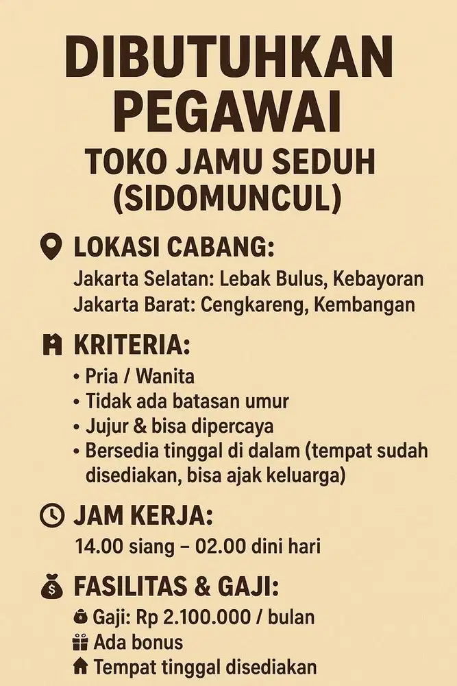 INFO LOKER LOWONGAN PEKERJAAN KERJA TOKO JAMU DICARI PEGAWAI KARYAWAN