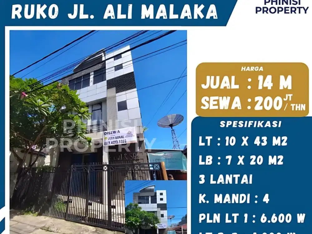 DIJUAL / DISEWAKAN RUKO MURAH 3 LANTAI DI JALAN ALI MALAKA
