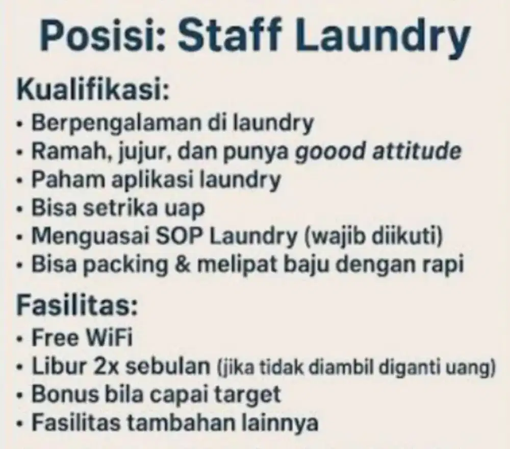 Dicari Karyawan Laundry Wanita