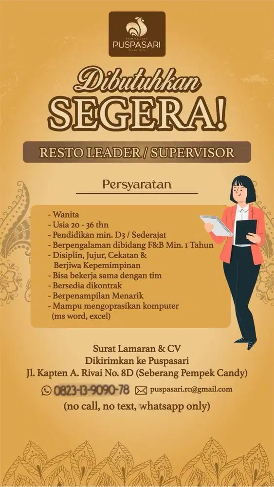 DIBUTUHKAN SEGERA COOK & SUPERVISOR