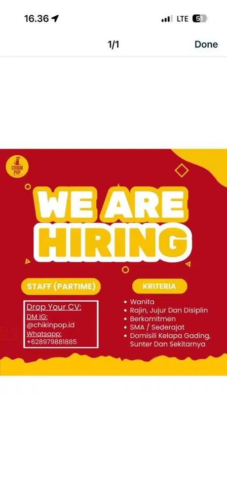 Dibutuhkan Segera Part Time Jaga Stand Makanan