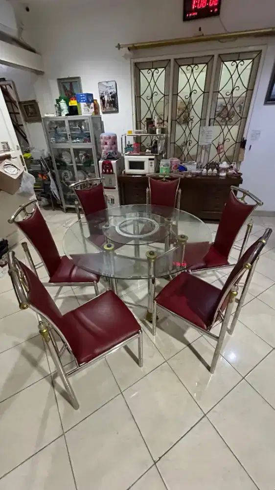 Meja makan kaca rangka stainles+6 kursi