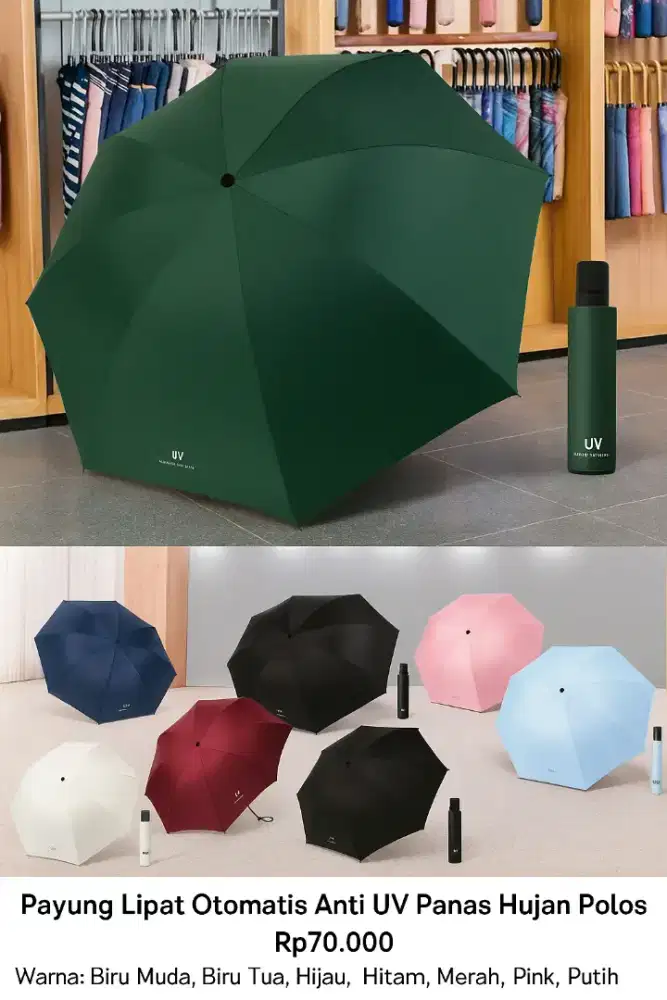 Payung Lipat Otomatis Anti UV Payung Buka Tutup Polos Elegan Modis