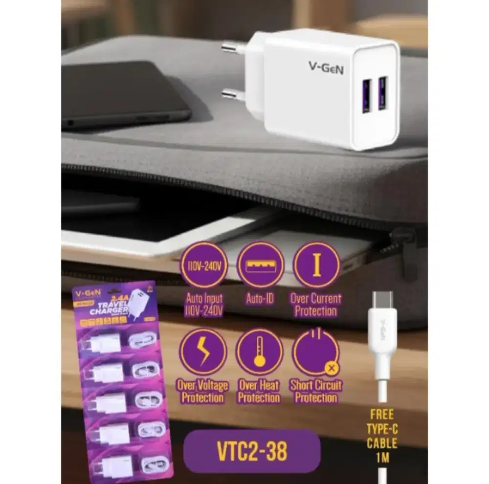 Vgen adaptor charger DUAL PORT FREE KABAL USB-A TO TYPE C VTC2-38