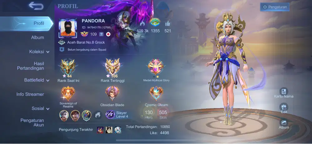 Jual cepat BU akun ml 3 skin legend (TOTAL 517SKIN)