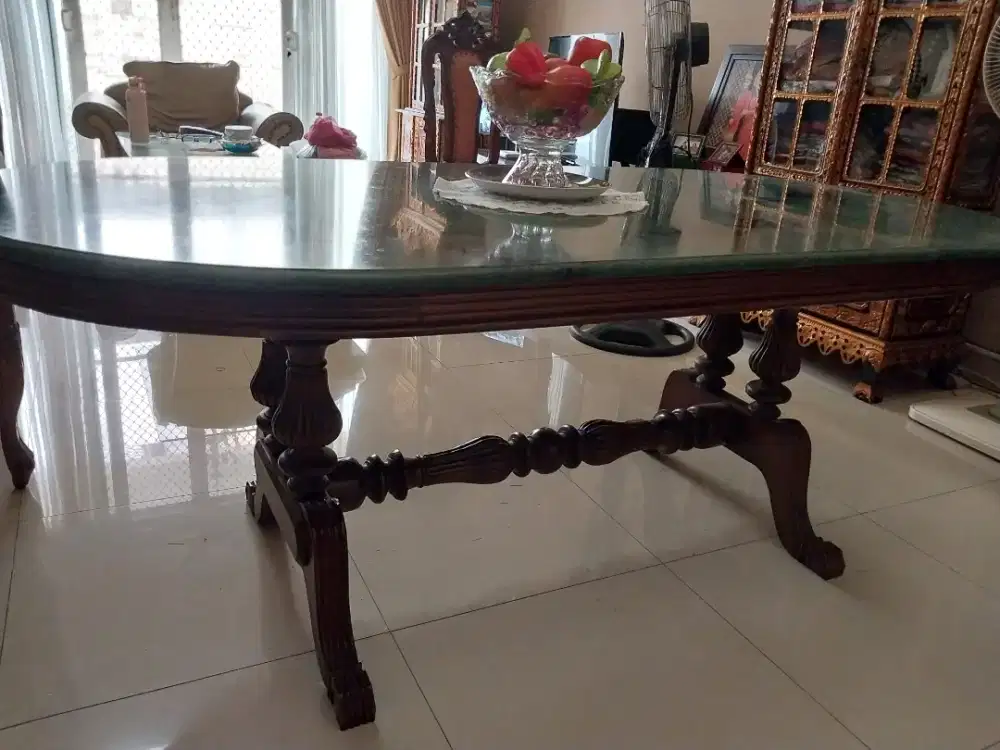 Meja makan marmer hijau rangka jati
