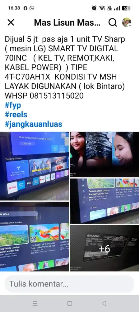 Dijual 1 unit TV Sharp  ( mesin LG) SMART TV DIGITAL 70INC   ( KEL TV,