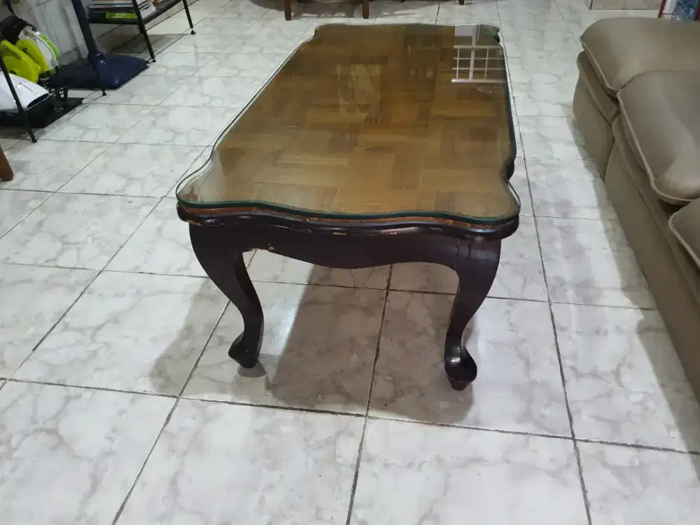 Meja Tamu Besar Kayu Jati + Kaca Tebal