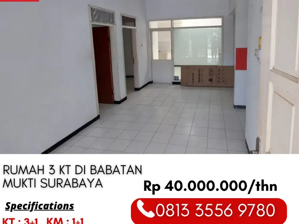 Disewakan Rumah 3 Kamar Cuma 40 Juta di Babatan Mukti Wiyung Surabaya