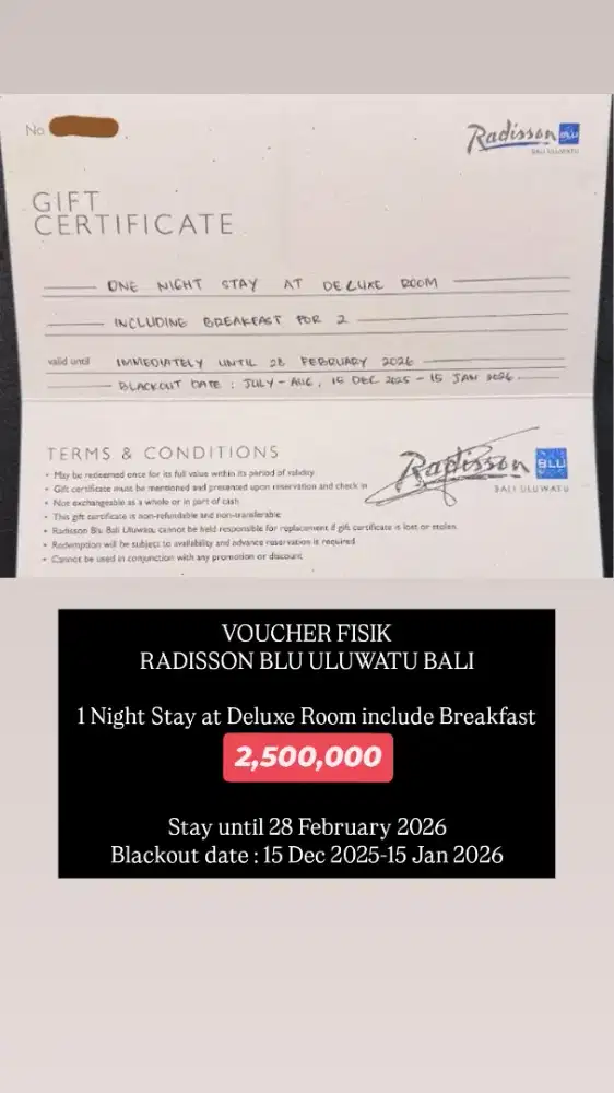 Voucher Hotel Radisson Blu ULUWATU Bali