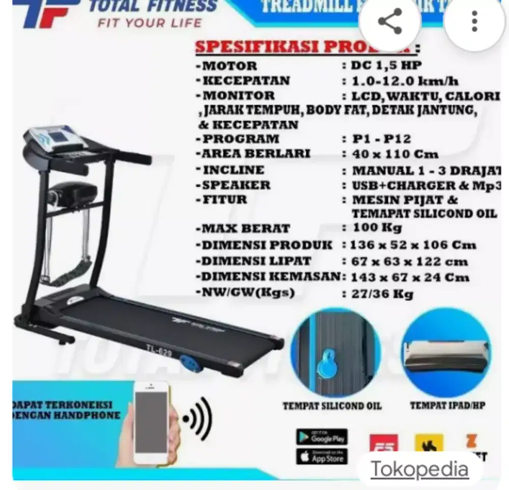 Alat fitness treadmill elektrik tl 629