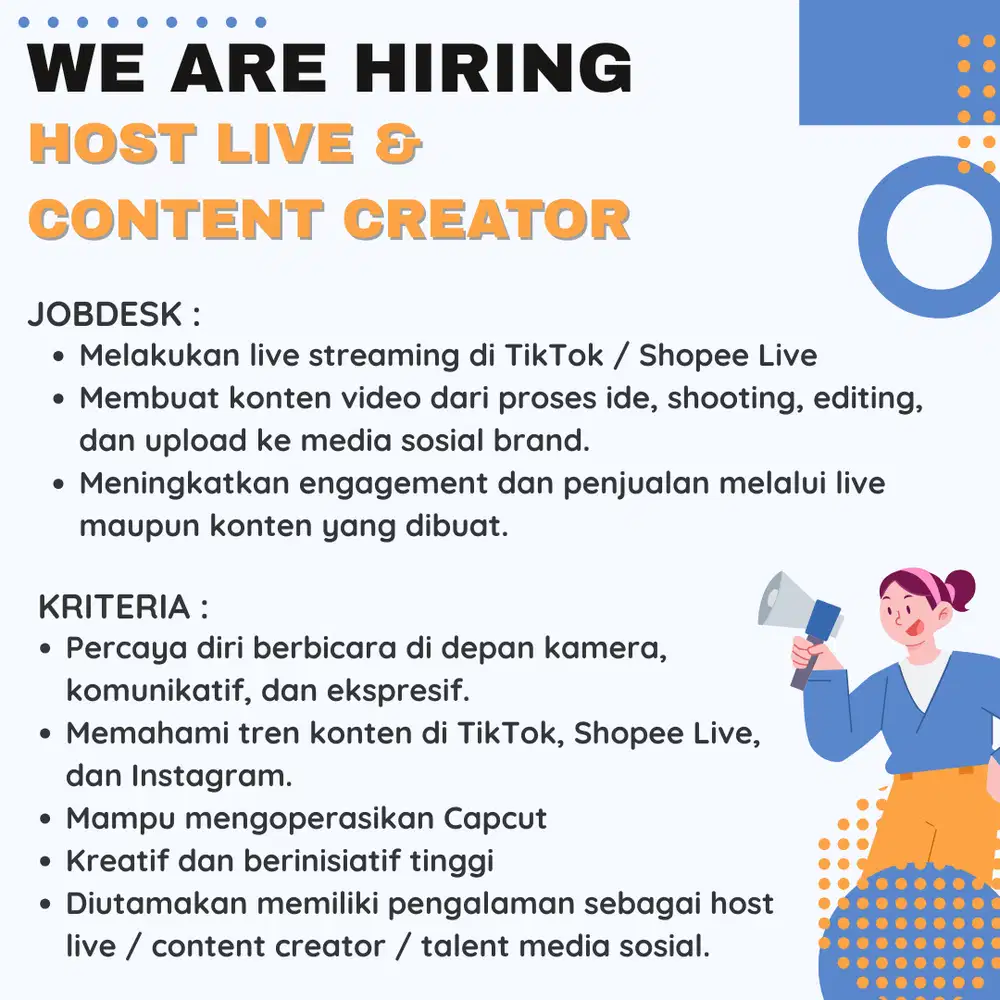 Dicari Host Live Streaming Content Creator Tiktok Shopee Pria Wanita