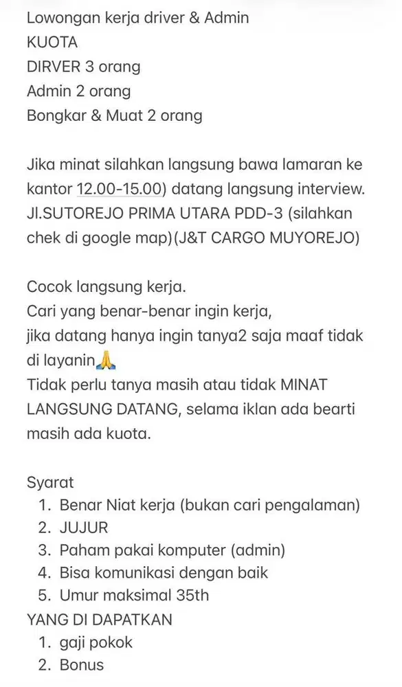 LOWONGAN ADMIN & Driver