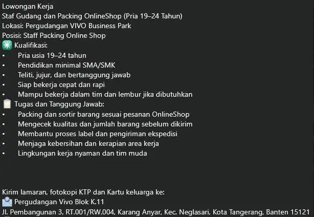 LOWKER STAFF GUDANG PACKING ONLINE DAN ADMIN BUAT KONTEN VIDEO