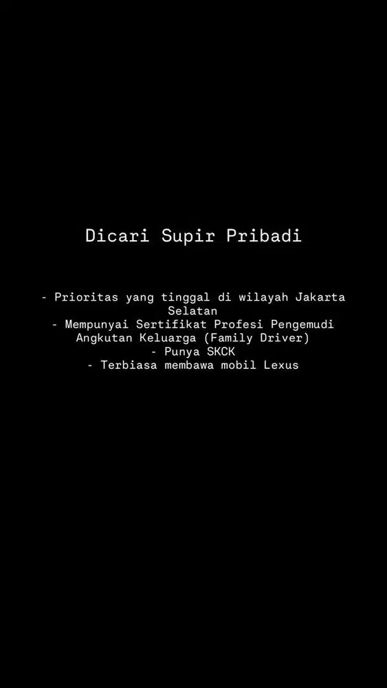 DICARI DRIVER PRIBADI DI DAERAH CIPETE
