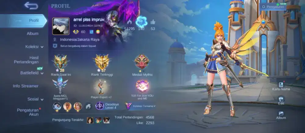 Jual akun mobile legends recall tas tasbiru skin 188 Hero 104