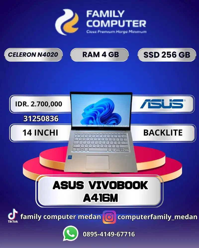 ASUS VIVOBOOKA416M|CELERON N4020|RAM4GB|SSD 256GB|14INCI|BACKLITE
