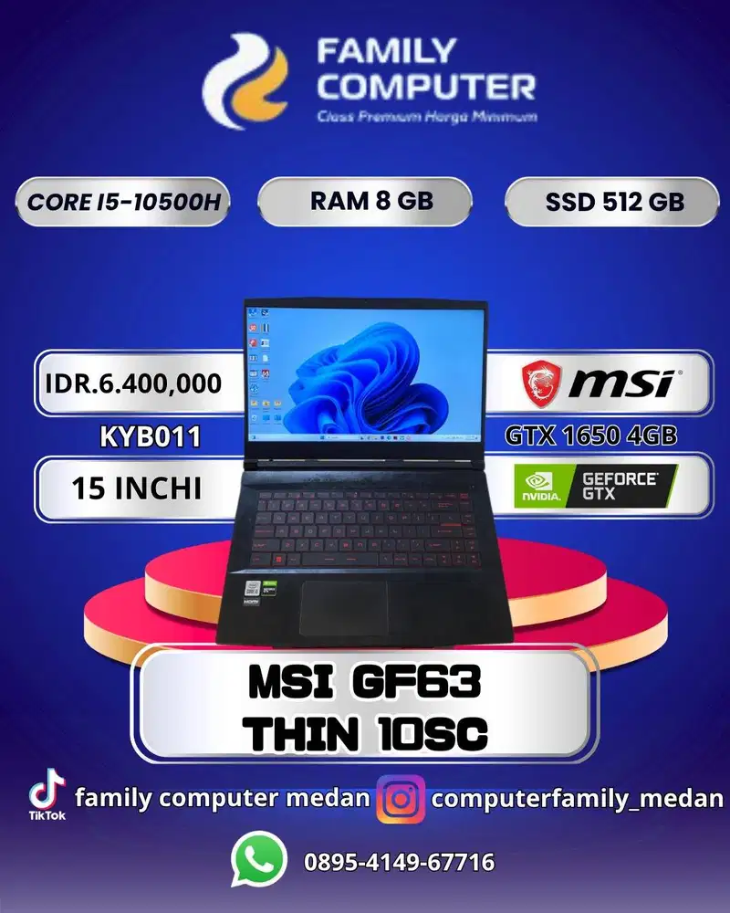 LAPTOP MSI GF63 THIN 10SC I5 10500H 8GB GTX 1650 4GB SSD 512 GB