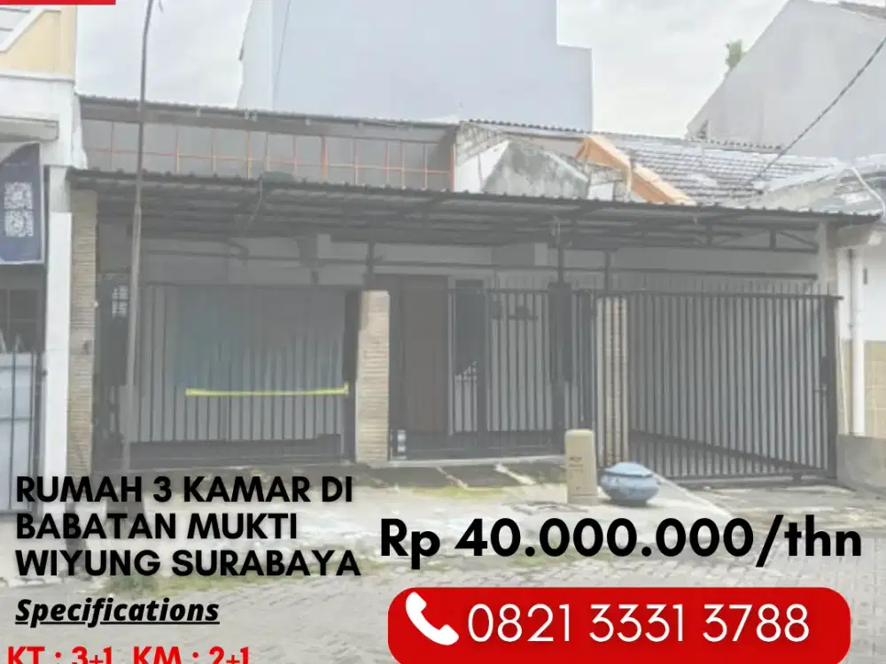 Disewakan Rumah 3 Kamar Siap Huni 40Juta di Babatan Mukti Wiyung Surabaya