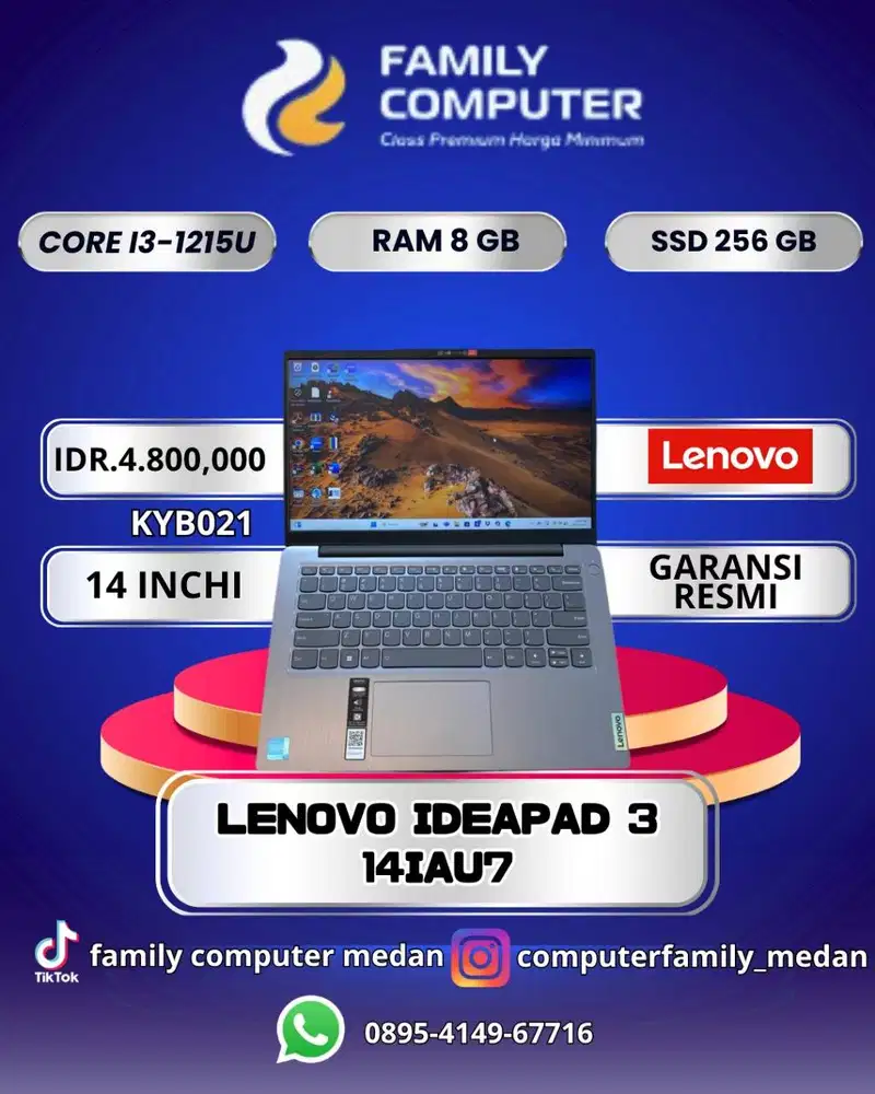 LENOVO IDEAPAD 3 14IAU7|COREI3-1215U|RAM8GB|SSD256GB|14INCI|GARANSI