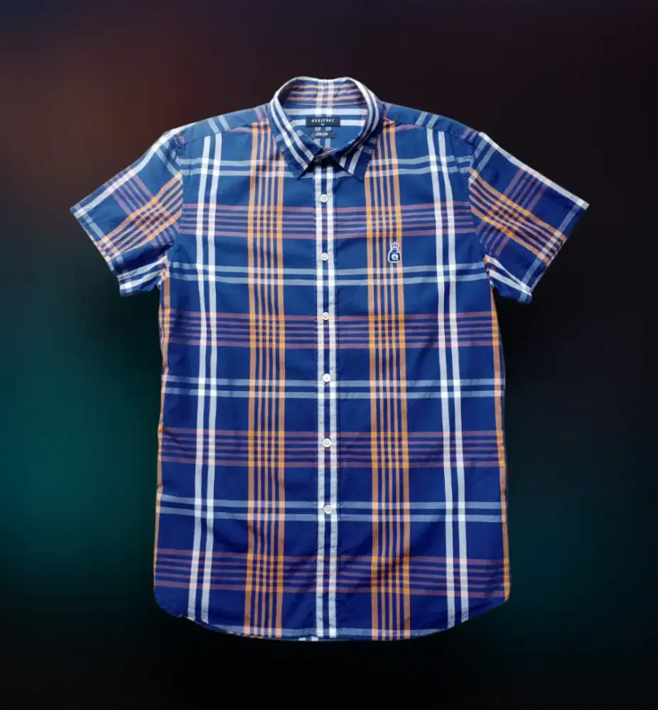 KEMEJA HERITORY PENDEK BIRU SALUR ORANGE, SIZE : L (LD110-112, P74)