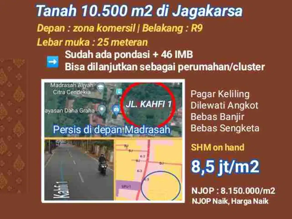 Tanah strategis Jl Kahfi 1. Bagian depan zona Komersil belakan zona R9
