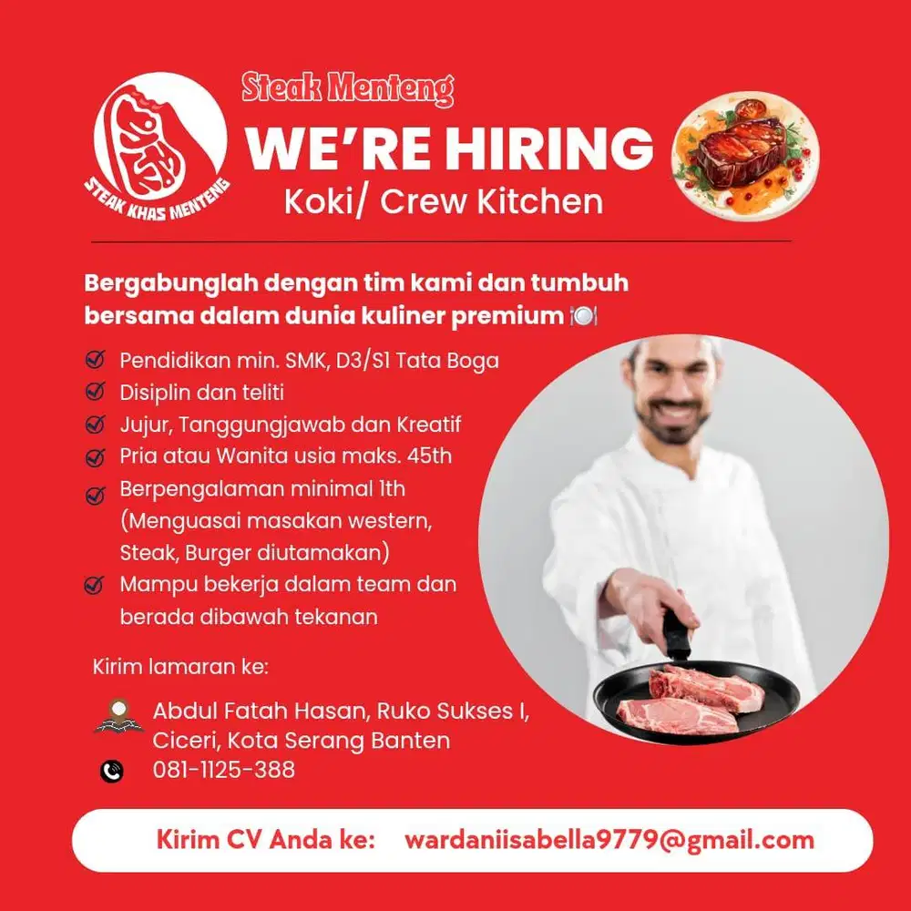 Chef/Cook helper untuk Resto Steak