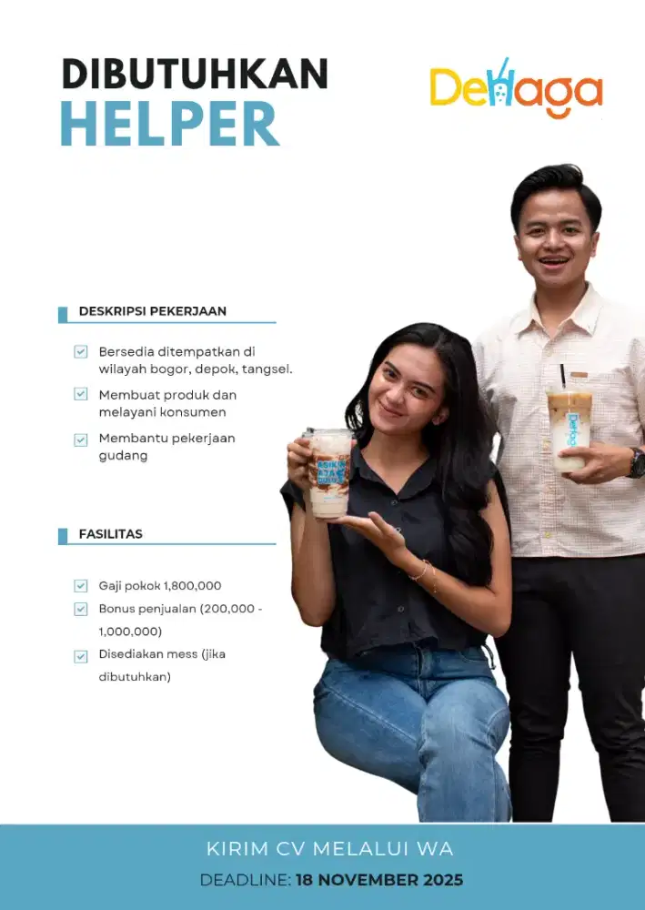 Dibutuhkan: Area Leader 2 orang, Helper 2 orang