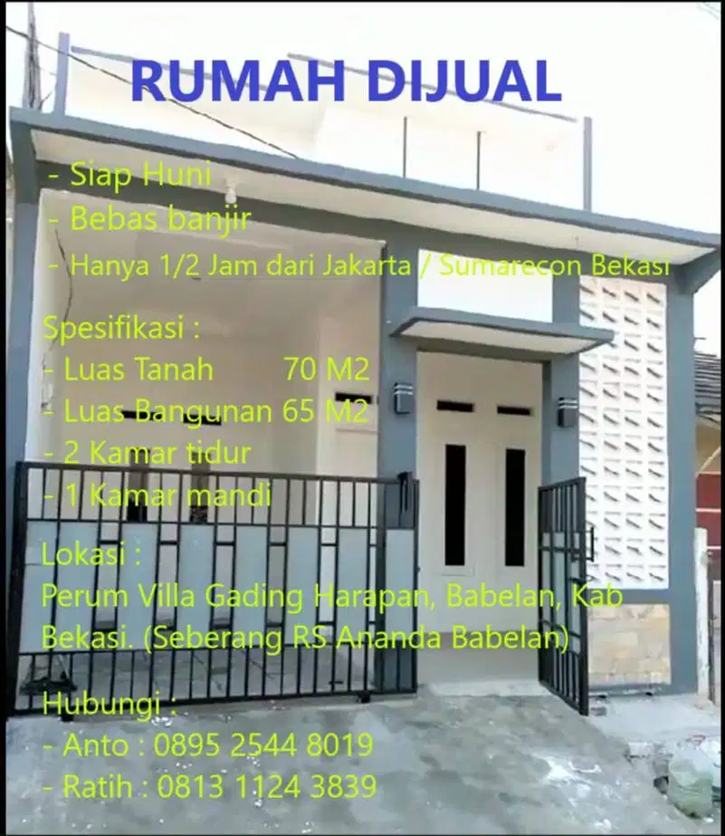 Rumah Dijual di Perum Villa Gading Harapan, Babelan, Kab Bekasi
