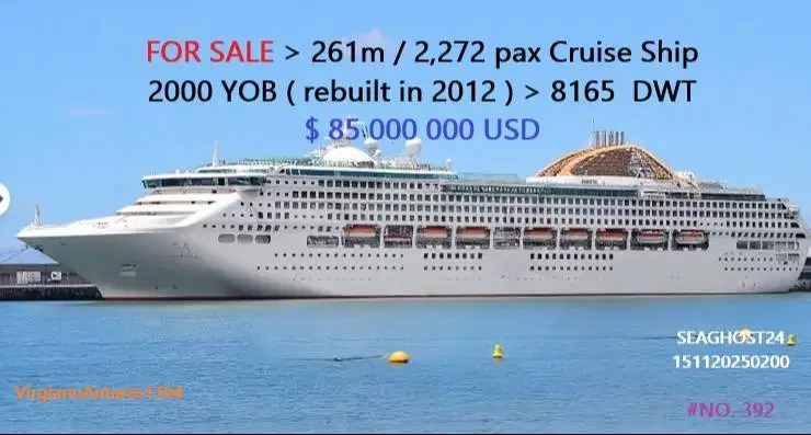 2,272 pax Cruise Ship Built in year 2000, rebuilt in 2012