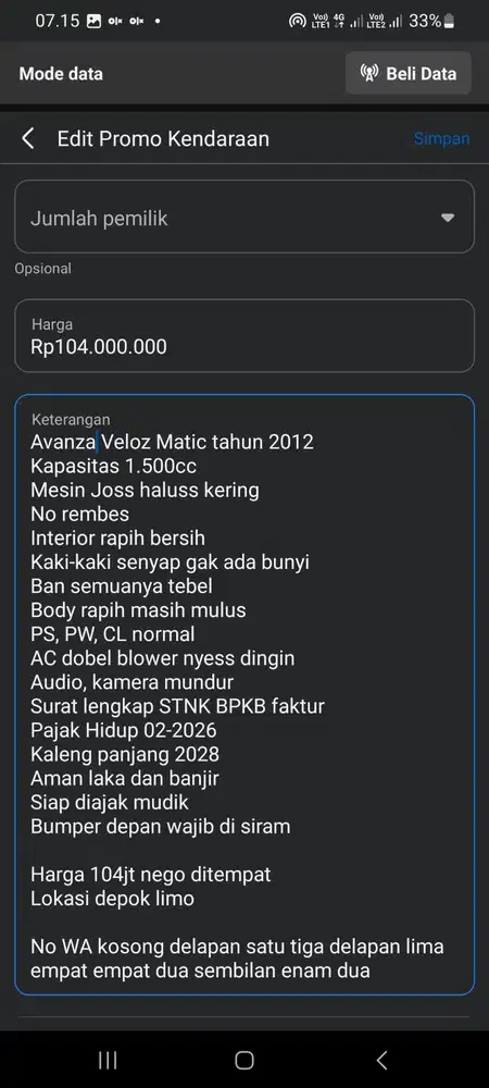 Toyota Avanza 2012 Bensin