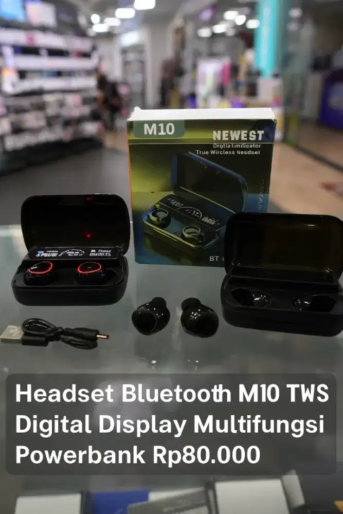 Headset Bluetooth TWS Wireless M10 Digital Multifungsi Powerbank