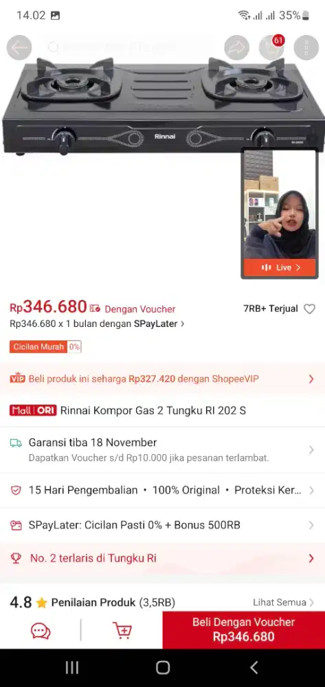 Kompor Rinnai 2 tungku bekas seperti baru