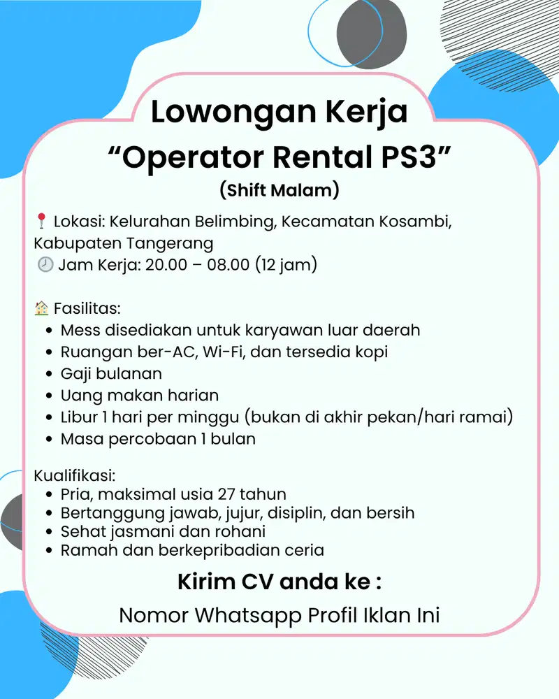 OPERATOR RENTAL PS3 (Shift Malam)
