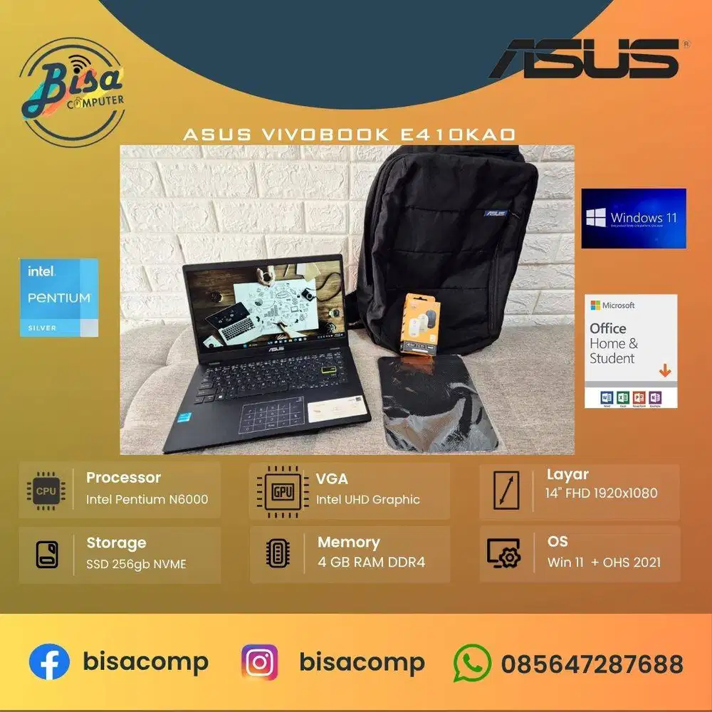 Asus VivoBook E140KAO Intel N6000 SSD 256gb Ram 4gb 14inchFHD Backlit