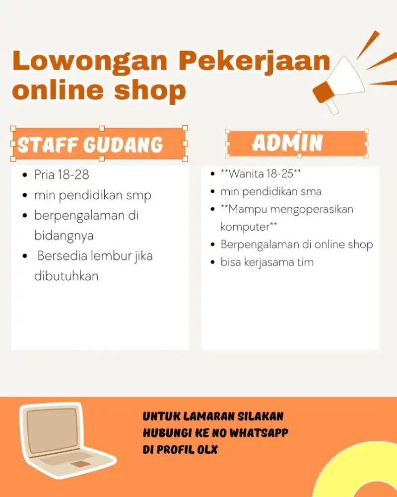 Dibutuhkan Admin , Packer staff gudang onlineshop