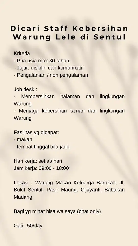 Dicari Staff Kebersihan Warung Lele di Sentul Bogor