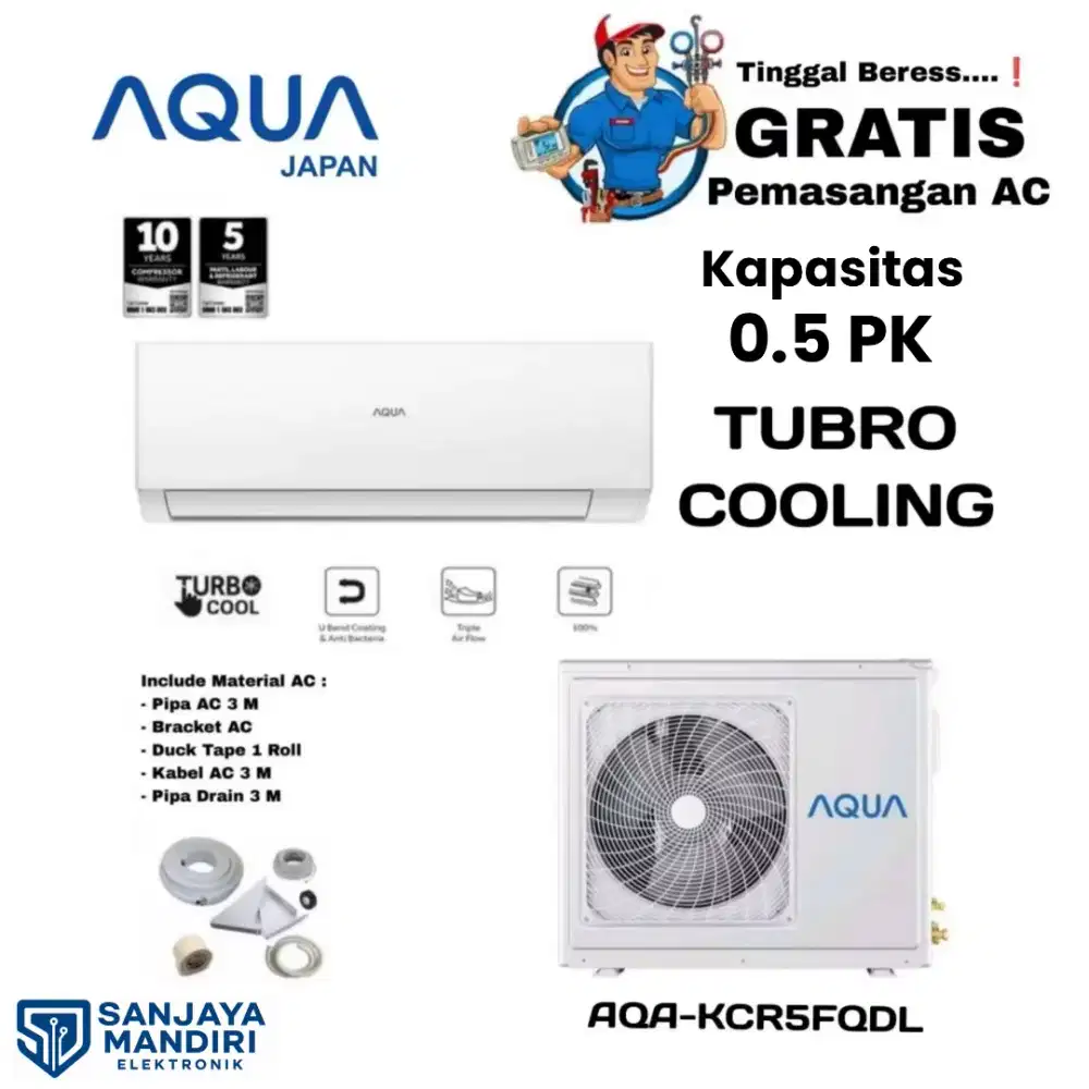 FREE PEMASANGAN! AQUA Japan AC Split TURBO COOLING 1/2 PK  AQAKCR5FQDL