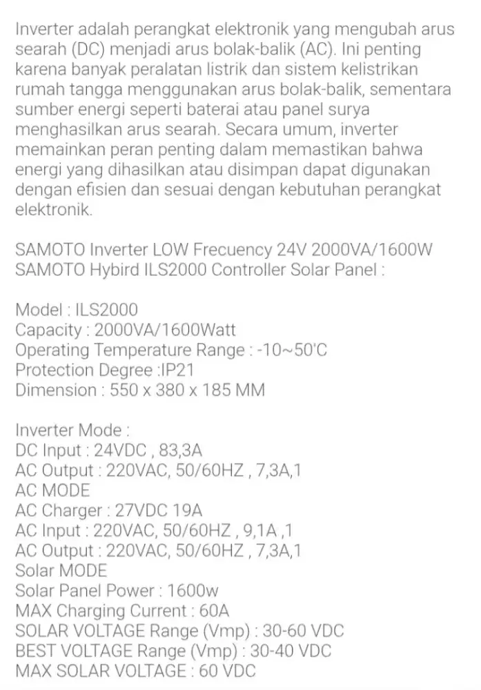 Jual cepat butuh, SAMOTO Inverter Low Frequency ILS2000 24V2000VA1600W