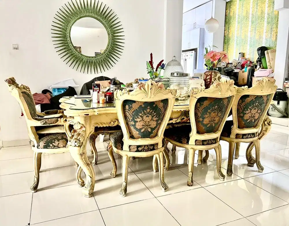1 Set Meja Makan 6 Kursi, Kayu Jati Ukir Mewah Vintage
