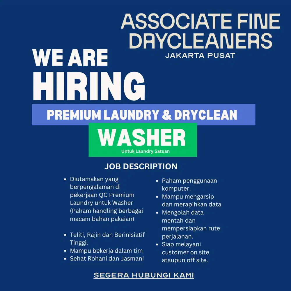Lowongan Washer Presser Laundry Dryclean Premium Cuci