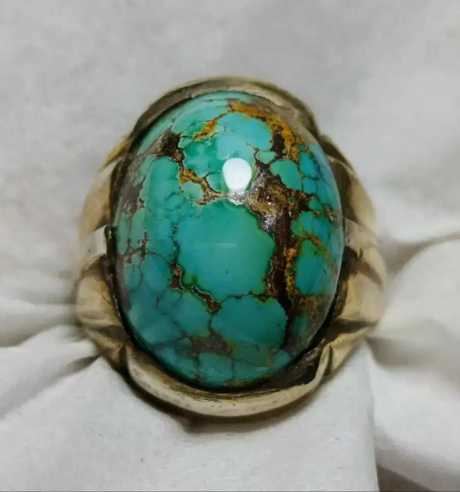 Pirus Persia Urat emas indah montok Ring Perak handmade classic mewah