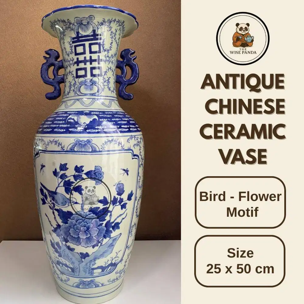 Guci Antik China Putih Biru Motif Burung Ukuran 25 x 30 cm