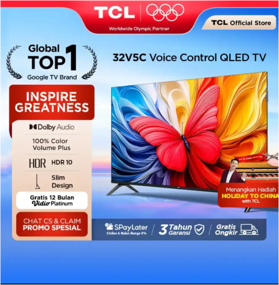 TCL Google TV 32 inch QLED FHD 32V5C Baru Garansi Resmi