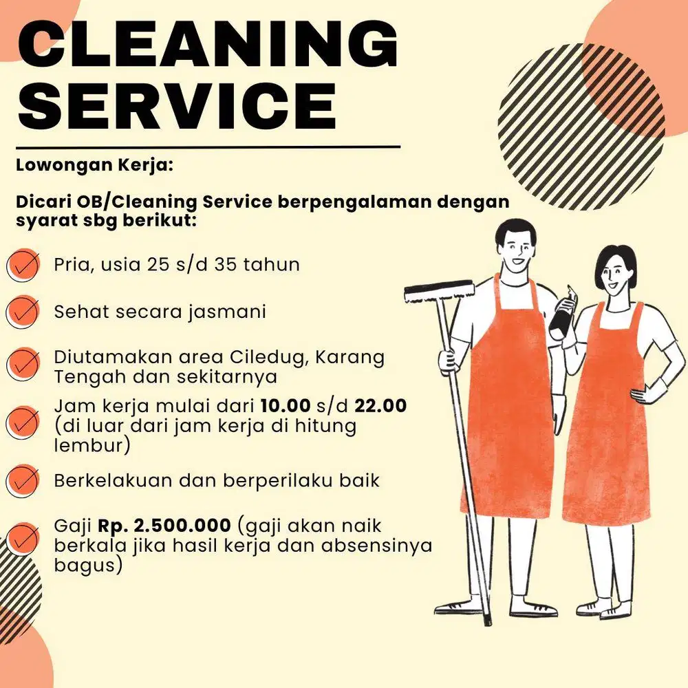 Dibutuhkan OB/Cleaning Service Berpengalaman