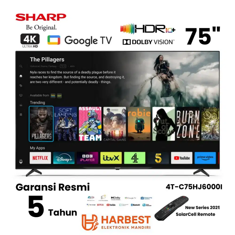 SHARP 4K UHD 75 Inch Google TV SolarCell Remote 4T-C75HJ6000I HDR10+