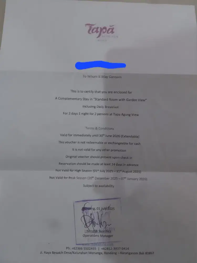 Voucher hotel Tapa Bali