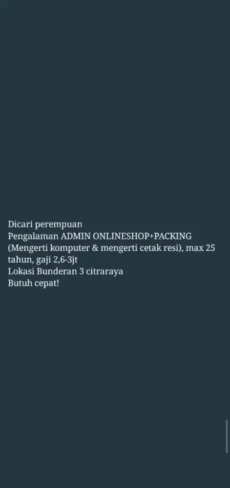 DICARI PEREMPUAN PENGALAMAN ADMIN ONLINESHOP+BISA CETAK RESI&KOMPUTER