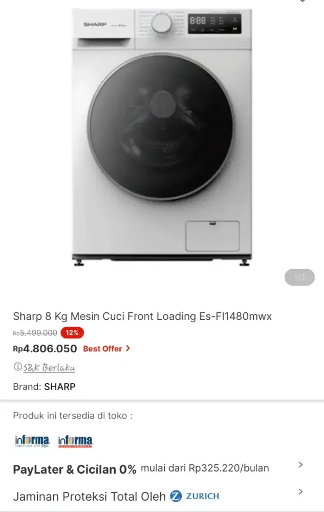 Sharp mesin cuci front load 8 kg